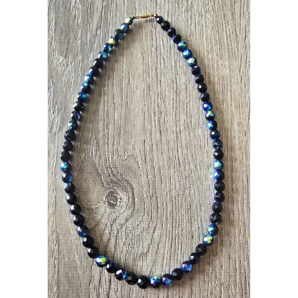 Vtg Black AB Crystal Necklace Faceted Glass Iridescent Blue Sparkly